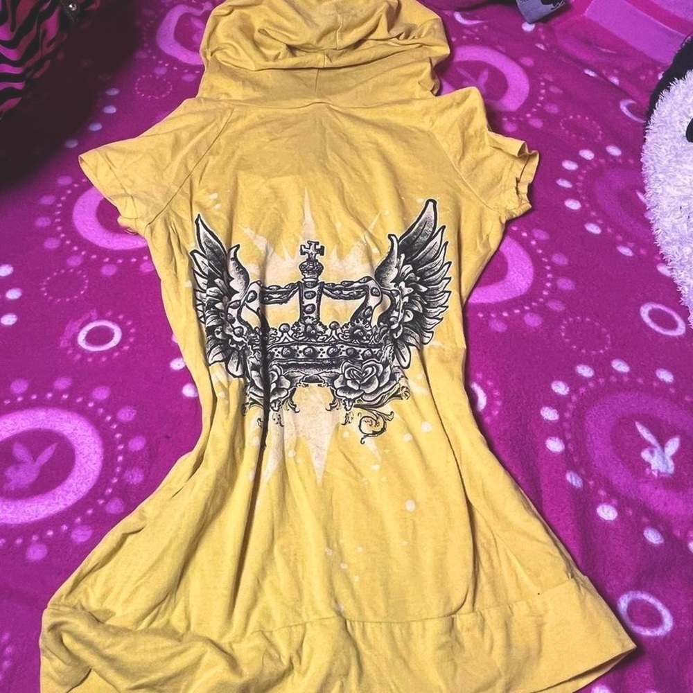Y2k Yellow Grunge Hooded Short Sleeve Top Size Large Bling Bling - Picture 2 of 8
